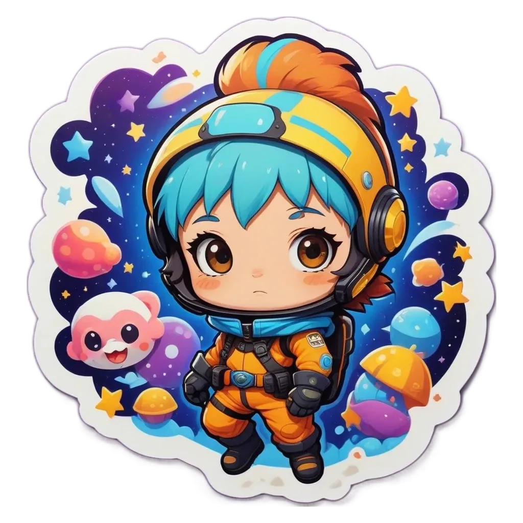 A child wearing a blue helmet and orange and yellow clothes standing in space.