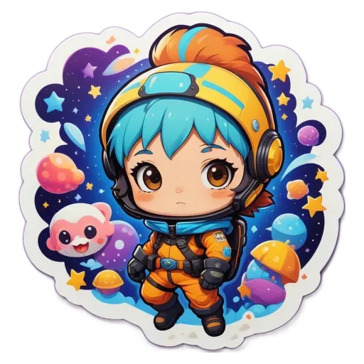 A child wearing a blue helmet and orange and yellow clothes standing in space.