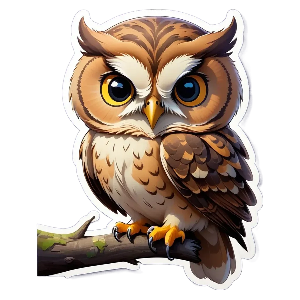 An owl sticker of a cartoon owl sitting on a branch.