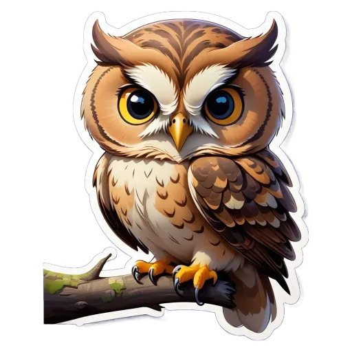 An owl sticker of a cartoon owl sitting on a branch.