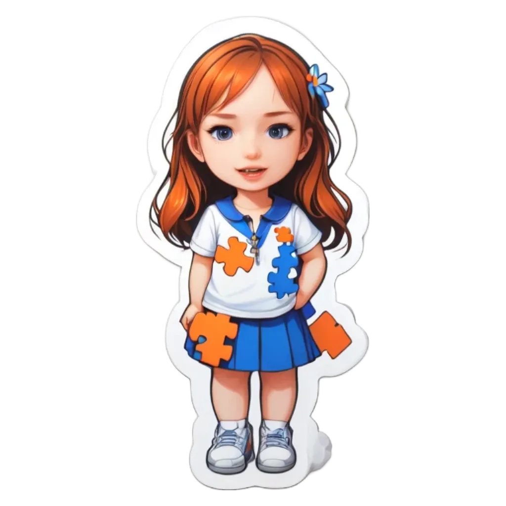 A girl with a blue and orange dress and blue shoes.