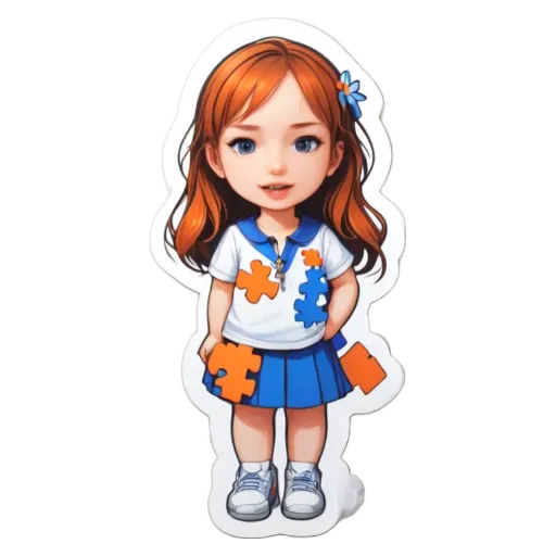 A girl with a blue and orange dress and blue shoes.