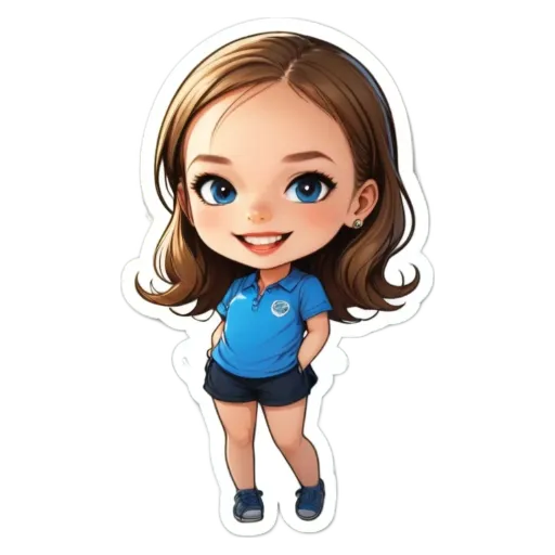 A cartoon girl with blue shirt and shorts standing with her hands in her pockets.