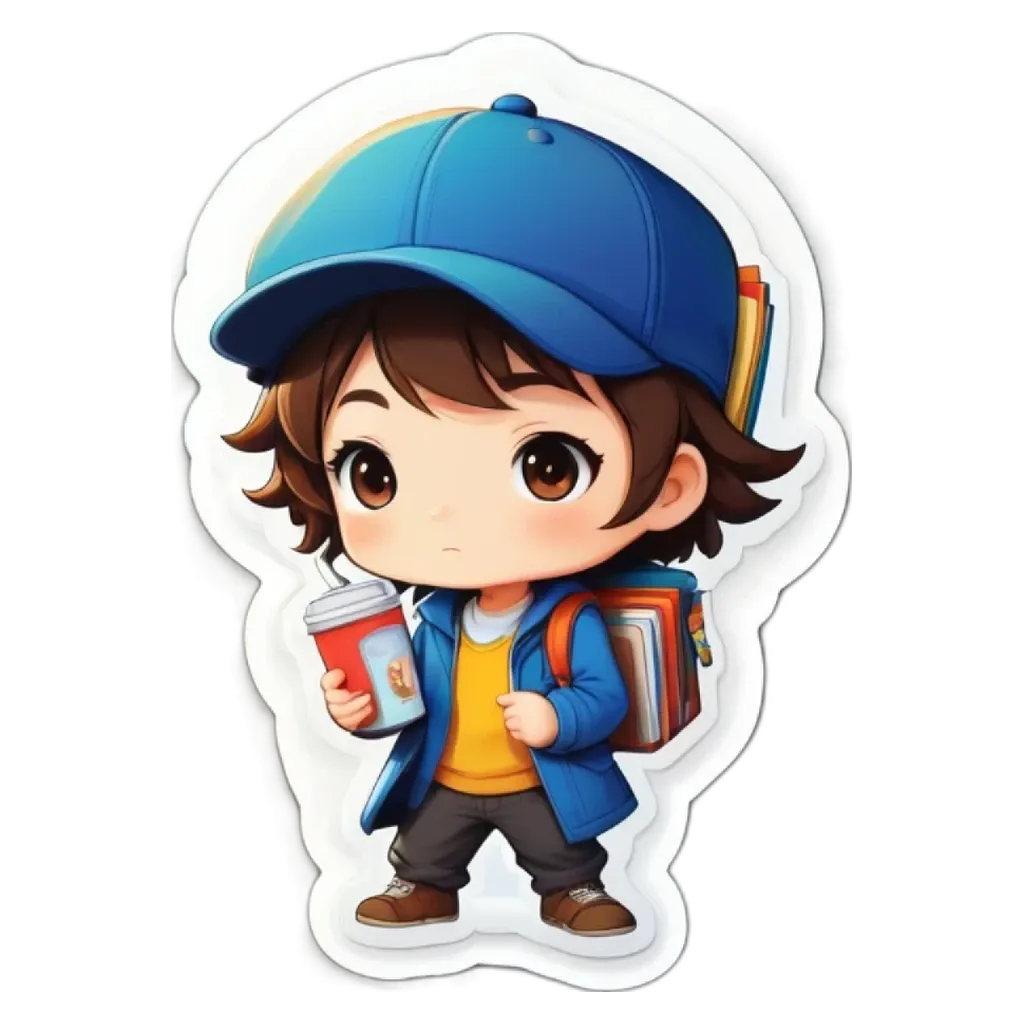 A boy is wearing a blue hat and carrying a drink and some books.