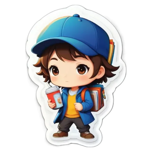 A boy is wearing a blue hat and carrying a drink and some books.