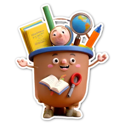 A bucket was made to look like a person that is reading from a book.