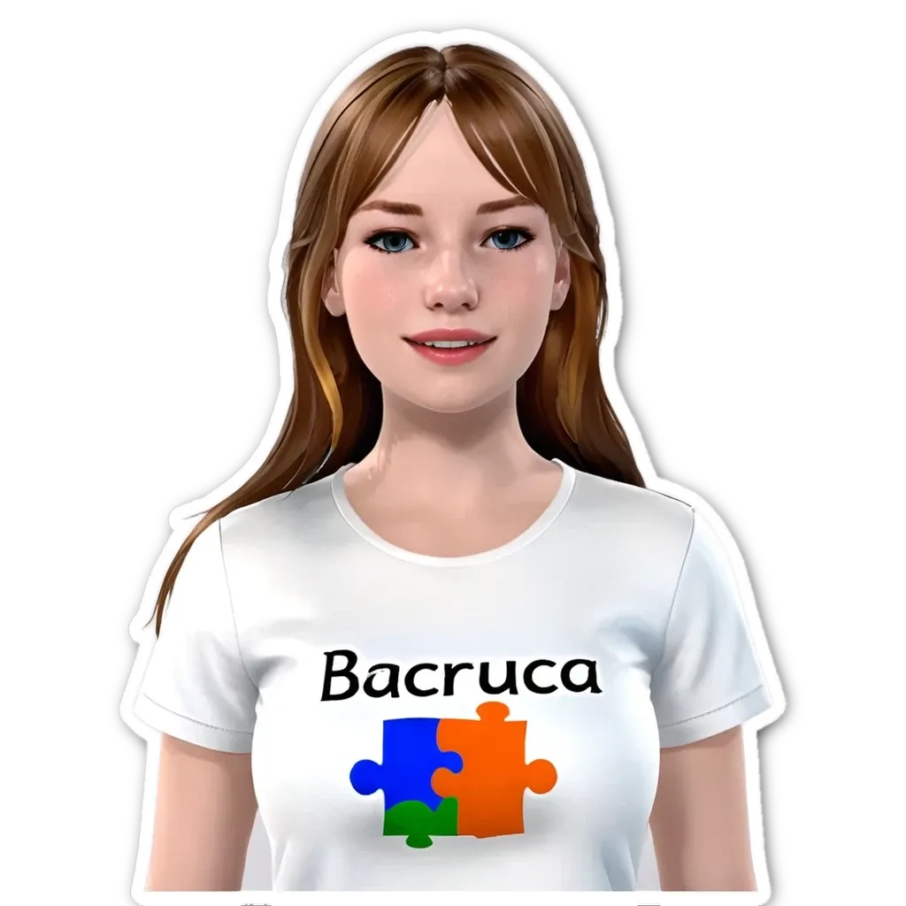 A sticker of a girl with a shirt that says Bacruca.
