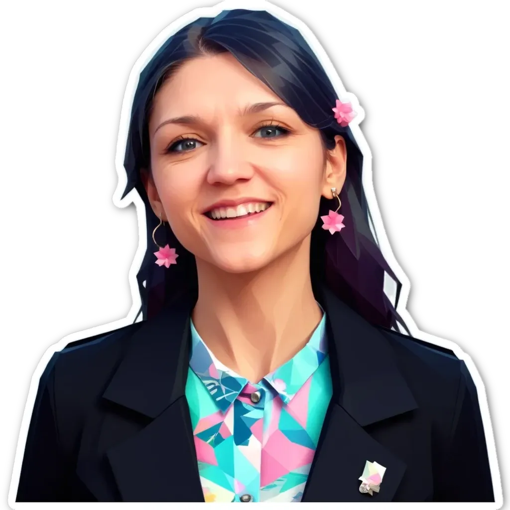 A woman wearing a colorful shirt is smiling.