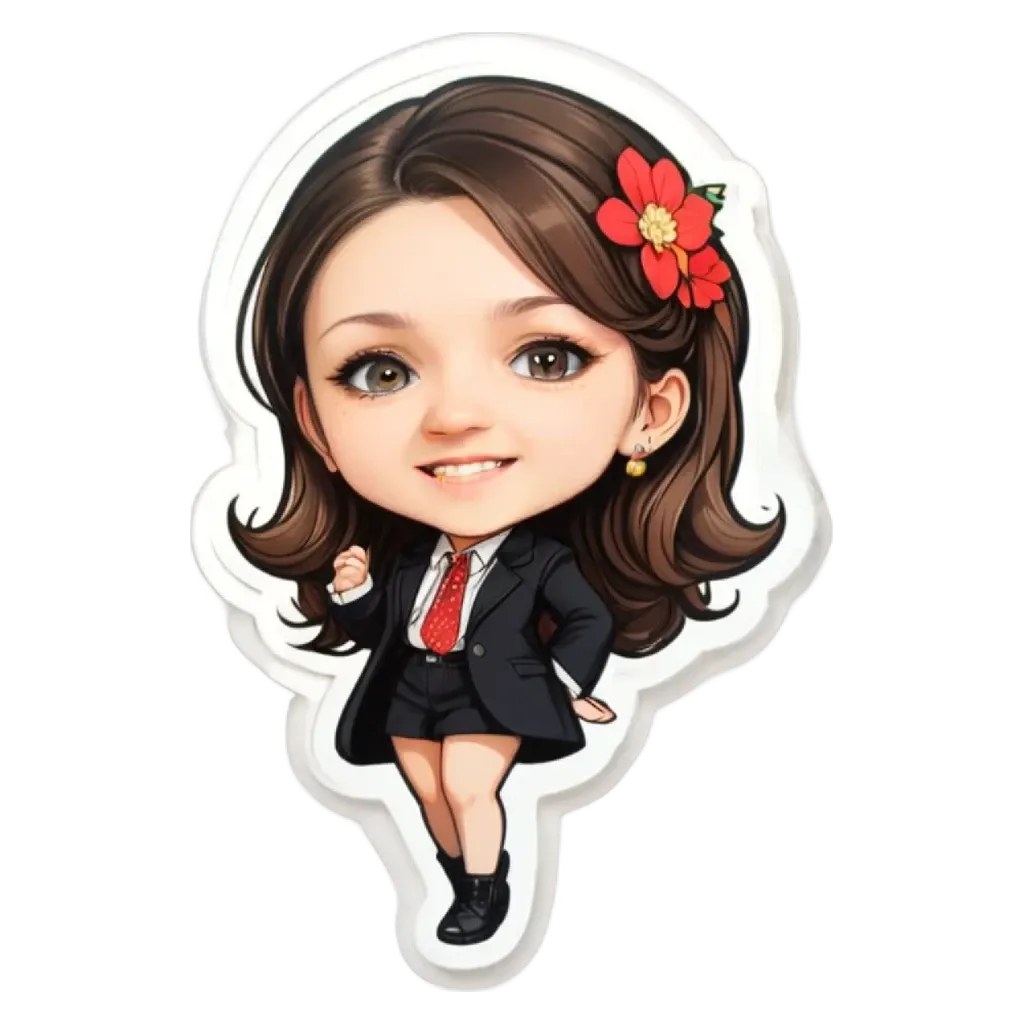A sticker of a girl in a business suit with a flower in her hair.