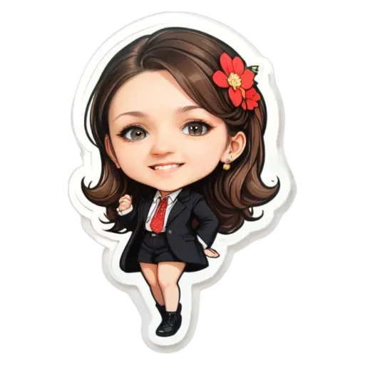 A sticker of a girl in a business suit with a flower in her hair.