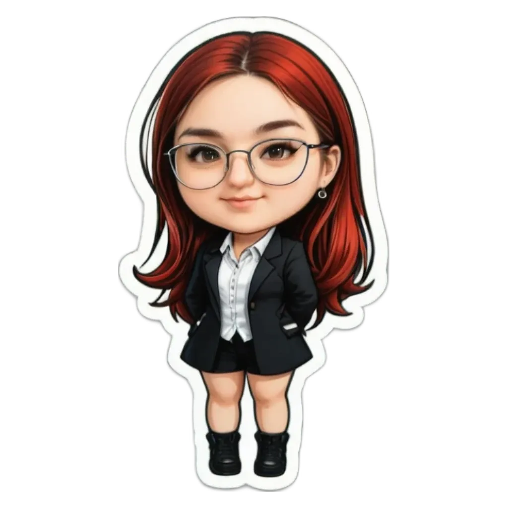A girl in a suit is standing up with glasses.