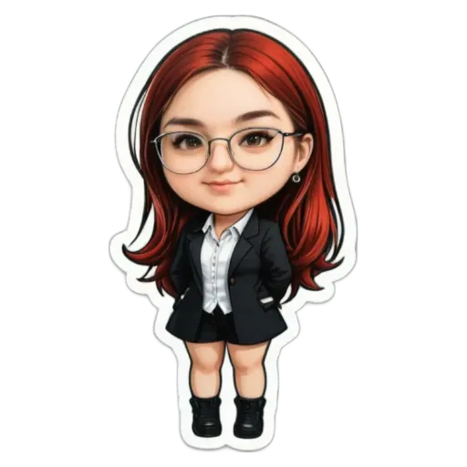 A girl in a suit is standing up with glasses.