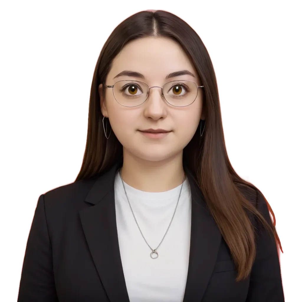 A woman wearing glasses and a blazer is standing in front of a black background.
