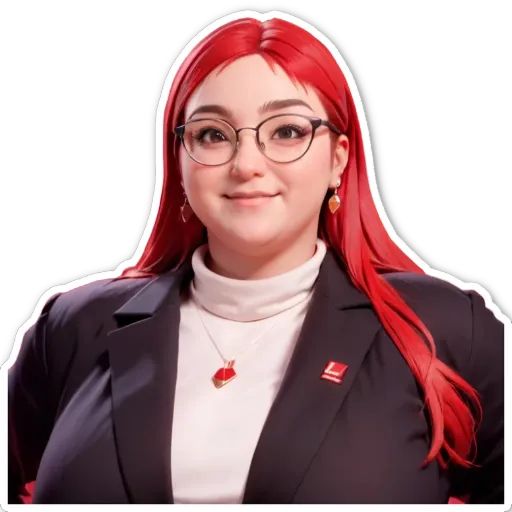 A woman wearing a white shirt and black jacket with red hair.