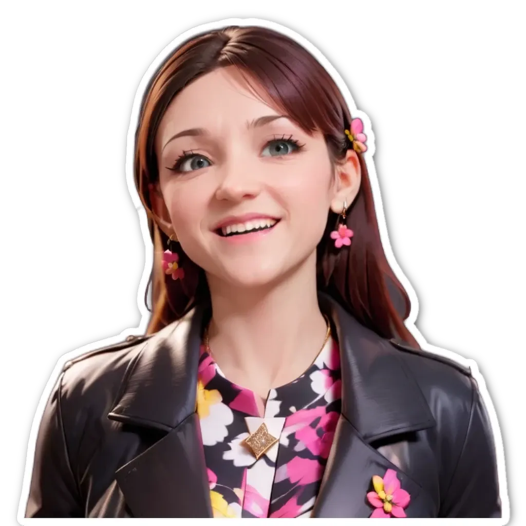 A woman is wearing a black jacket and a pink floral shirt.