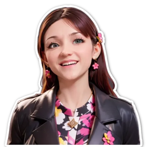 A woman is wearing a black jacket and a pink floral shirt.