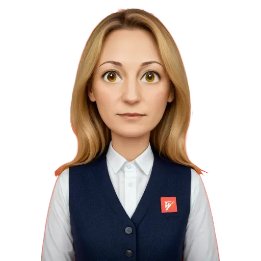 A cartoonish photo of a woman with a red square sticker in her right upper corner.
