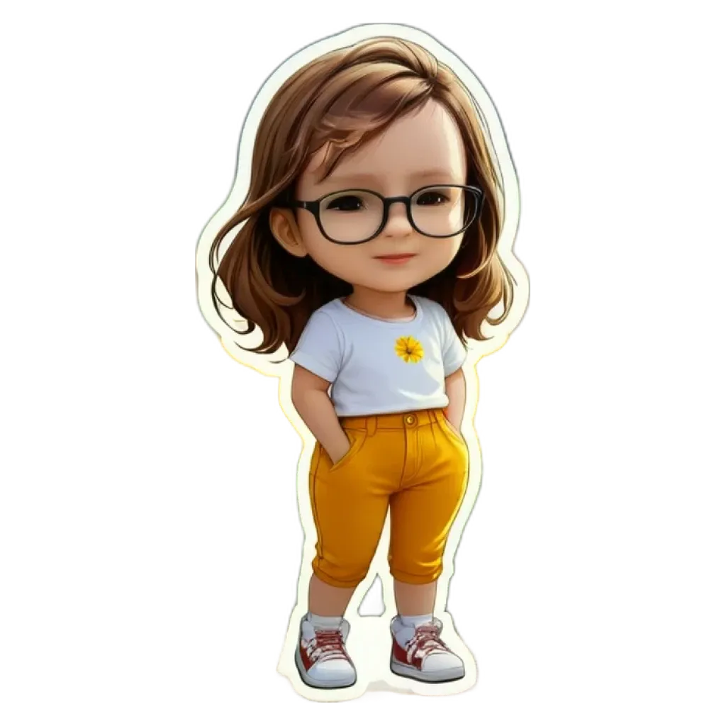 A girl wearing glasses and a white shirt with a flower on it.