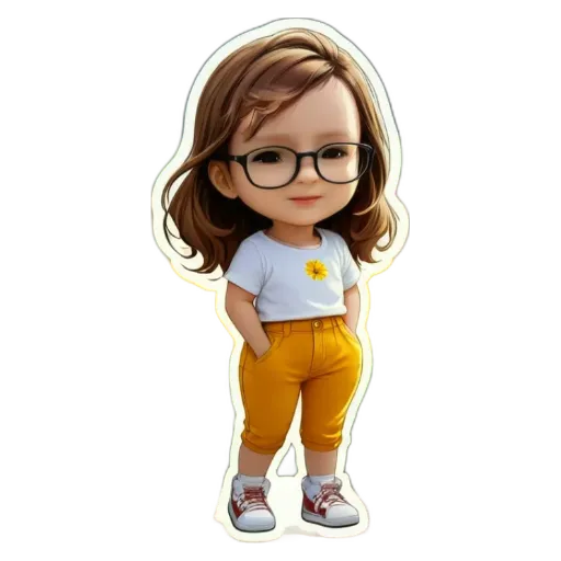 A girl wearing glasses and a white shirt with a flower on it.