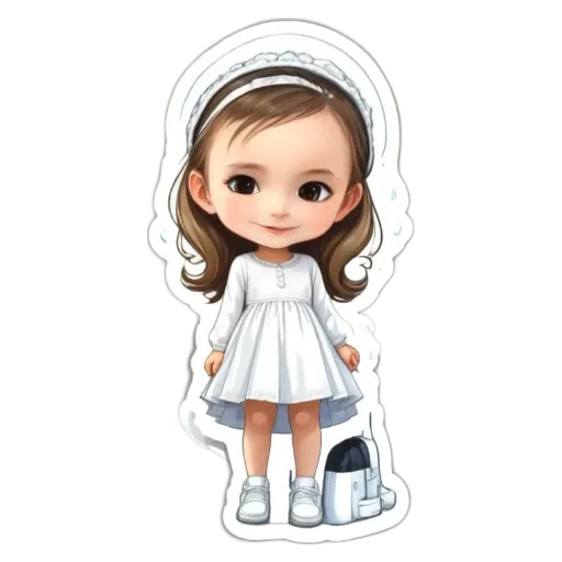A girl is standing in a room and has a white dress on.