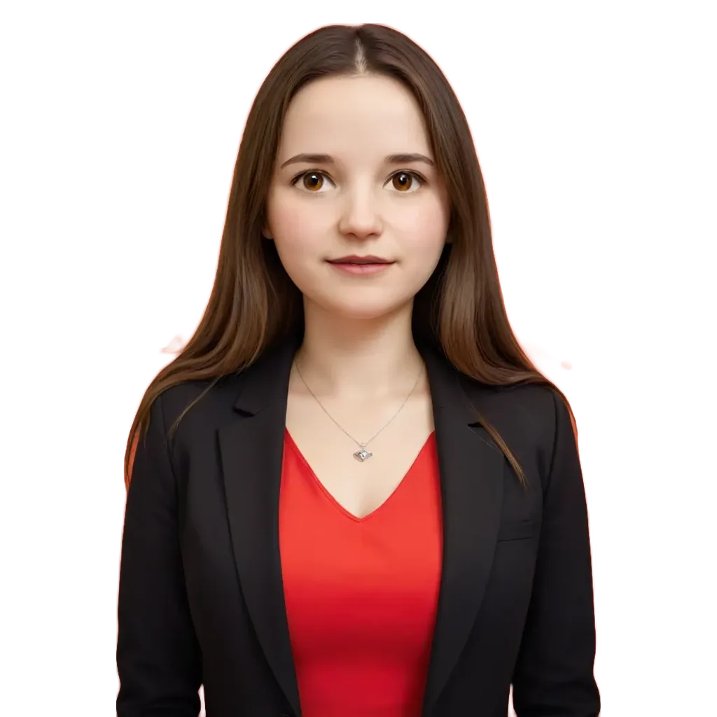 A woman wearing a red shirt and black blazer.