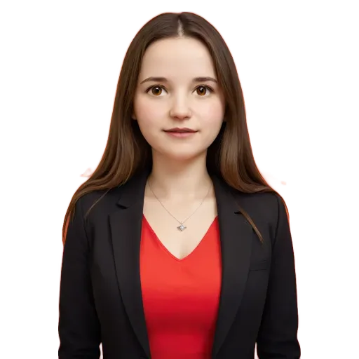 A woman wearing a red shirt and black blazer.