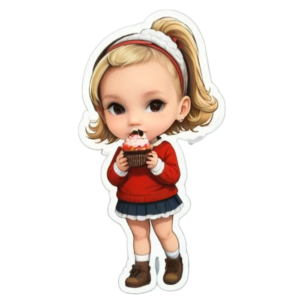 A cartoon girl eating a cupcake.