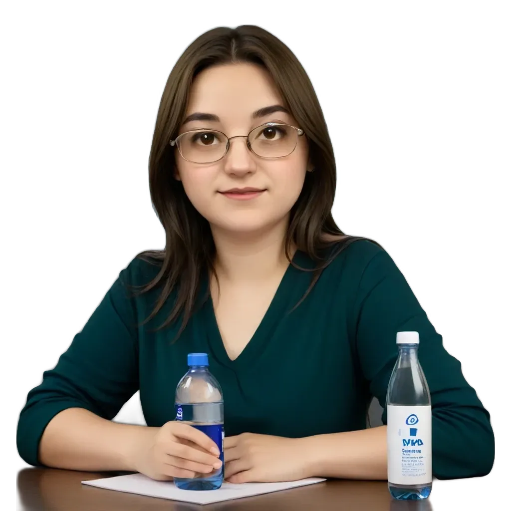 A woman wearing glasses sits at a table holding two water bottles.