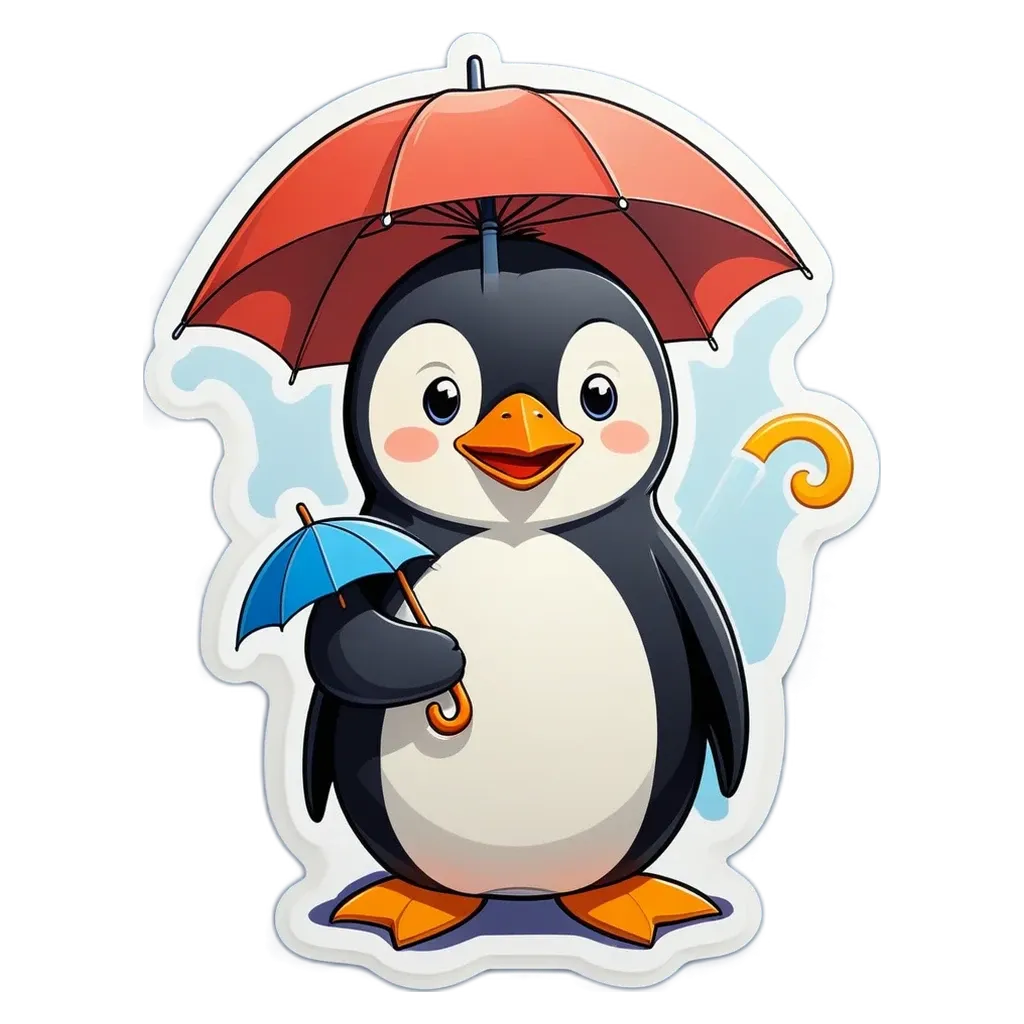 A penguin with a blue umbrella held in his right hand.