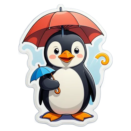 A penguin with a blue umbrella held in his right hand.