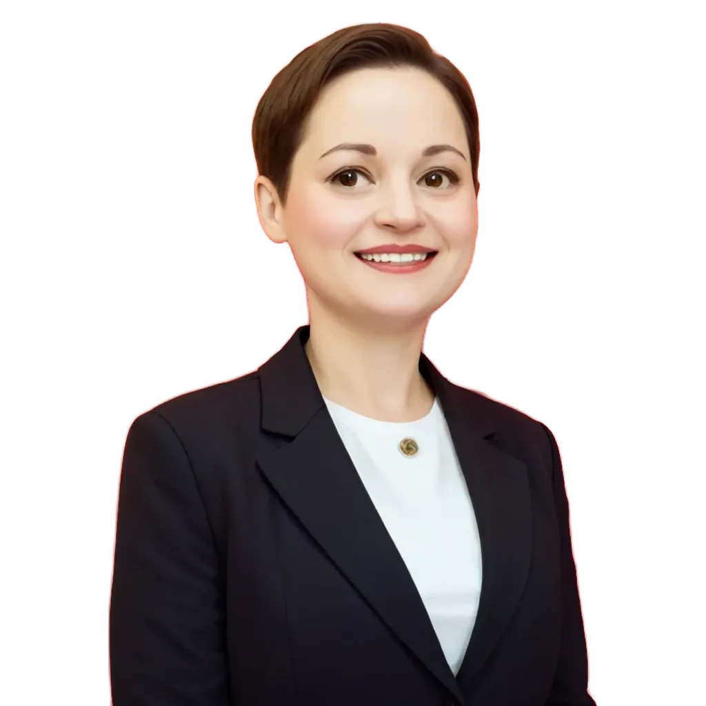 A woman wearing a suit is smiling.