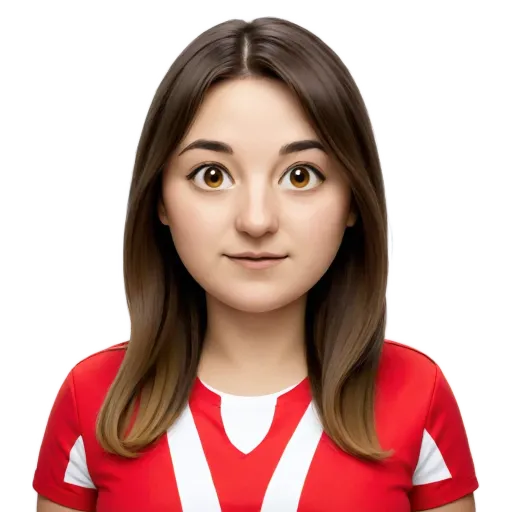 A girl with a red shirt and white background.