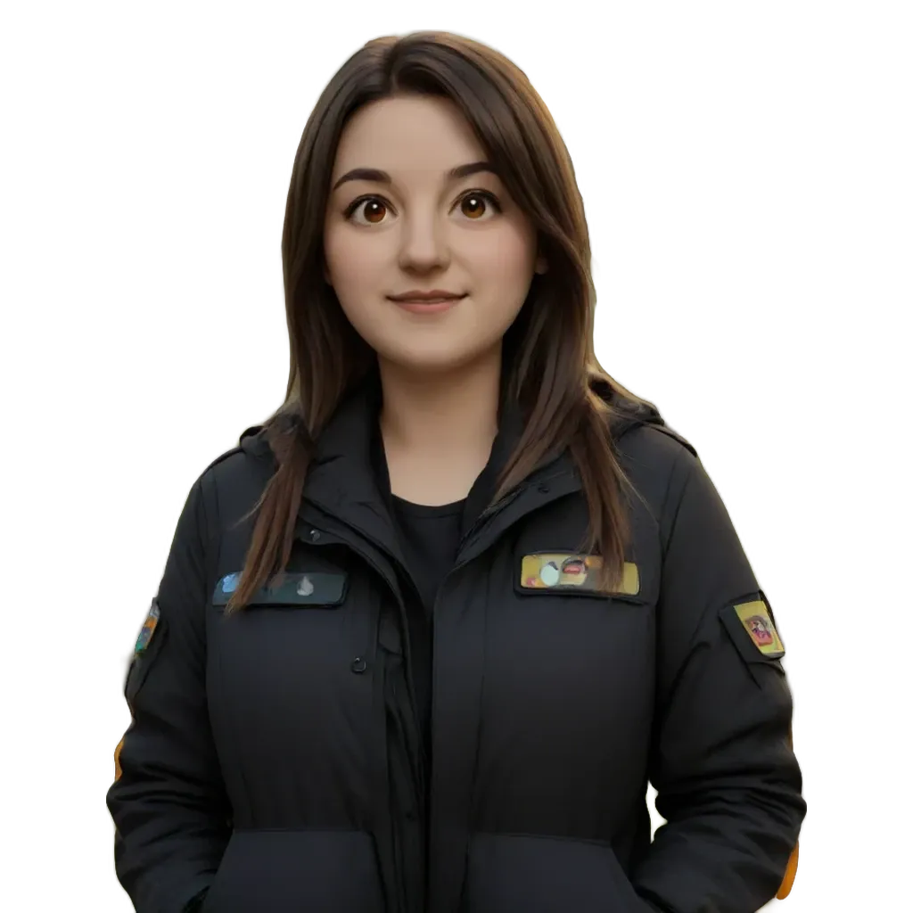 A woman is wearing a black jacket with patches on it.
