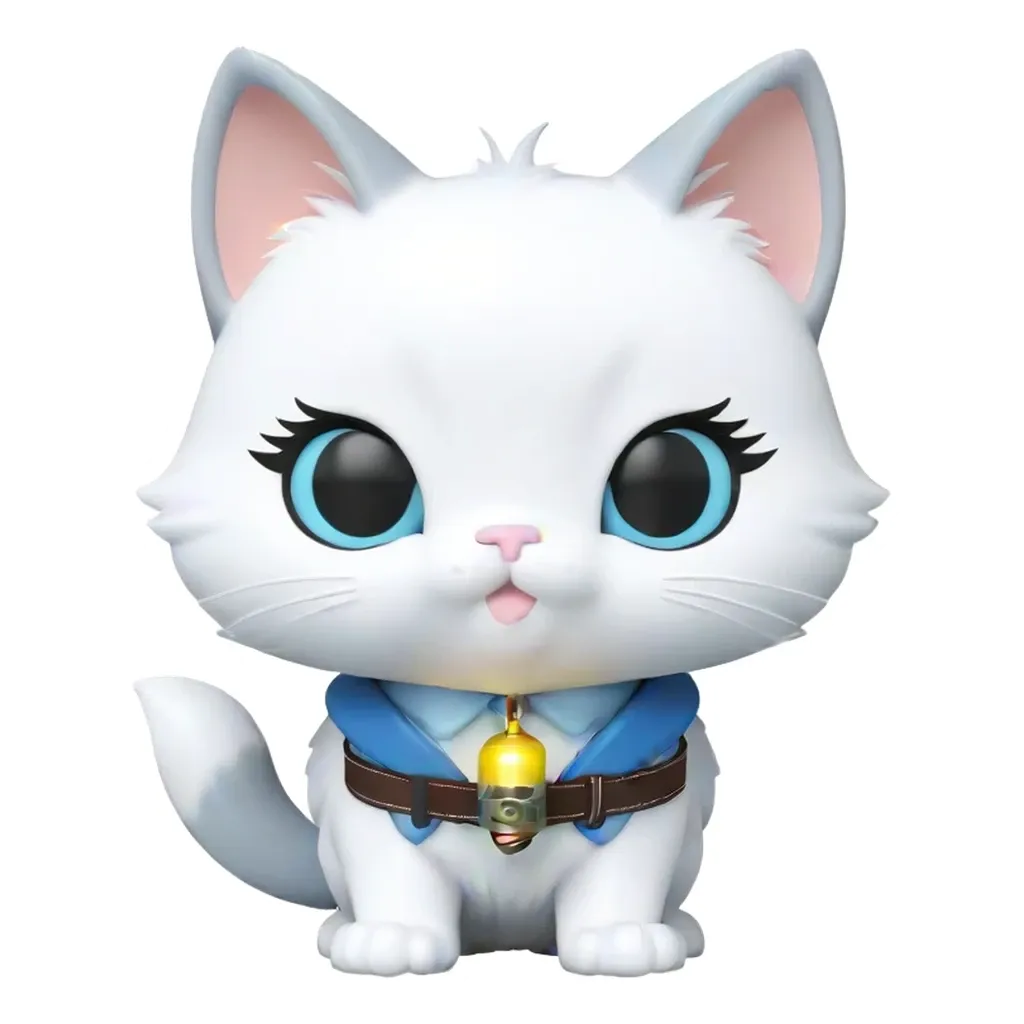 A sticker of a white cat with blue eyes and a bell around its neck.