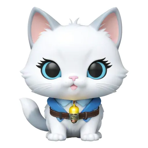 A sticker of a white cat with blue eyes and a bell around its neck.