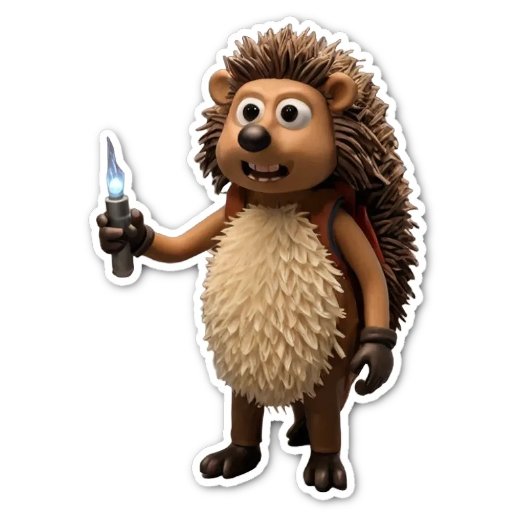 A hedgehog holding a lighter with a smile on his face.