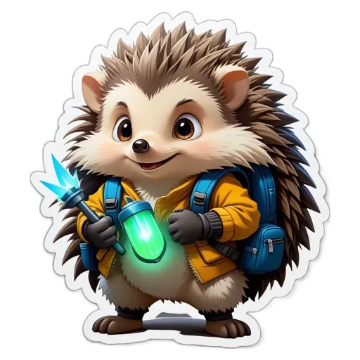 A cartoon depiction of a hedgehog with a backpack holding a light.