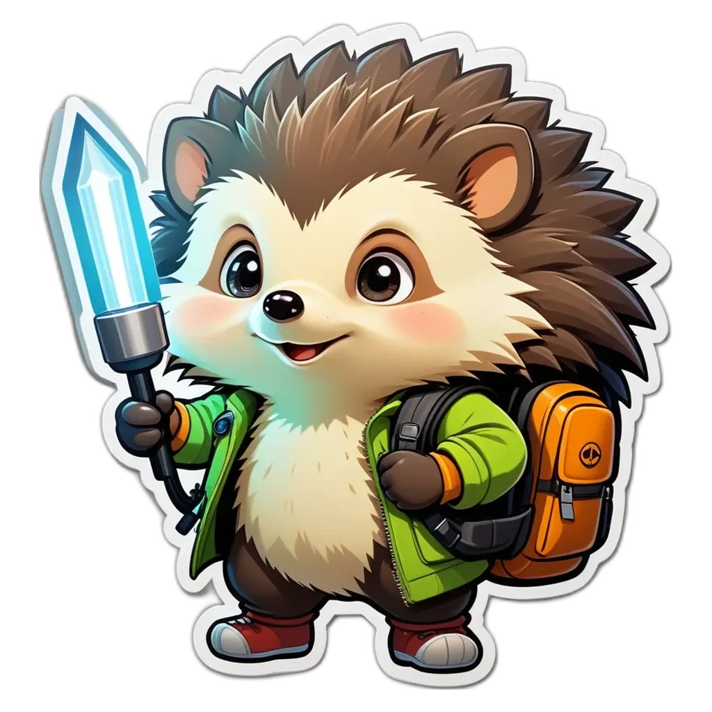 A hedgehog is holding a sword and a backpack.