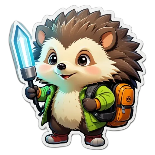 A hedgehog is holding a sword and a backpack.