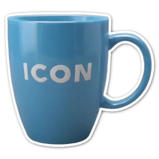 a blue coffee cup with the word Icon on it.