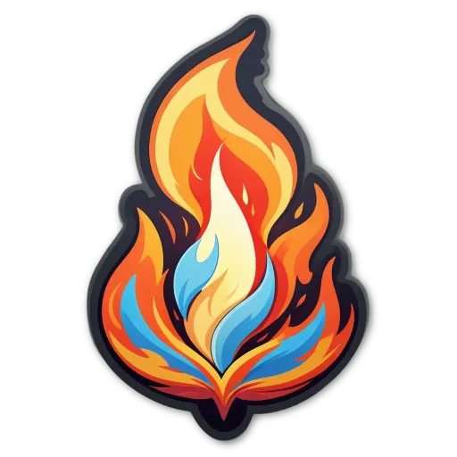 A sticker of a flame with blue and orange colors to the right of it.