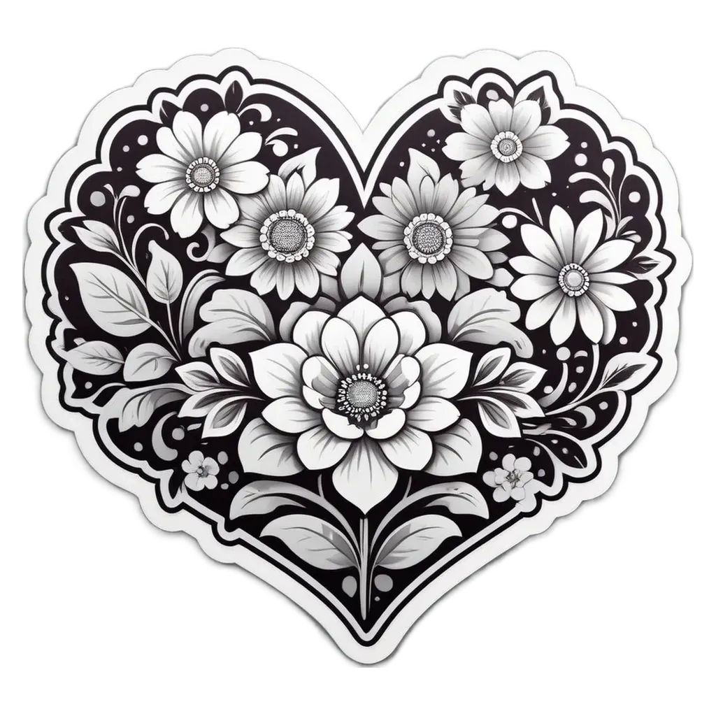 A black and white heart shape filled with flowers.