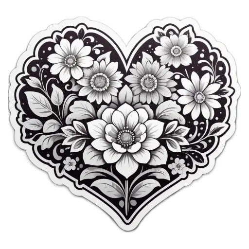 A black and white heart shape filled with flowers.