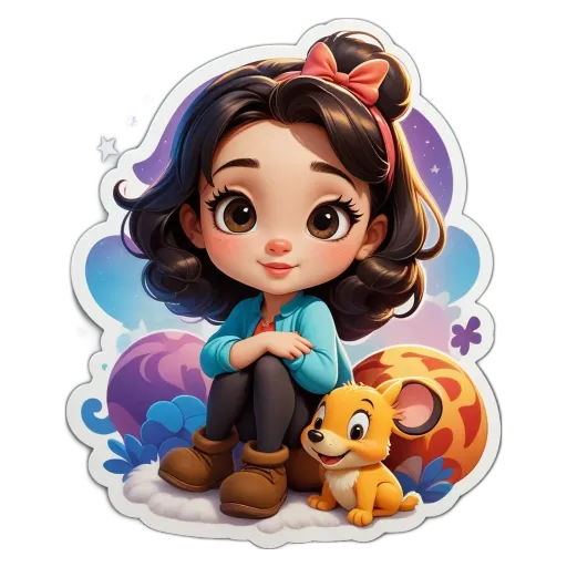 A girl and a dog are sitting together on a sticker of a girl.
