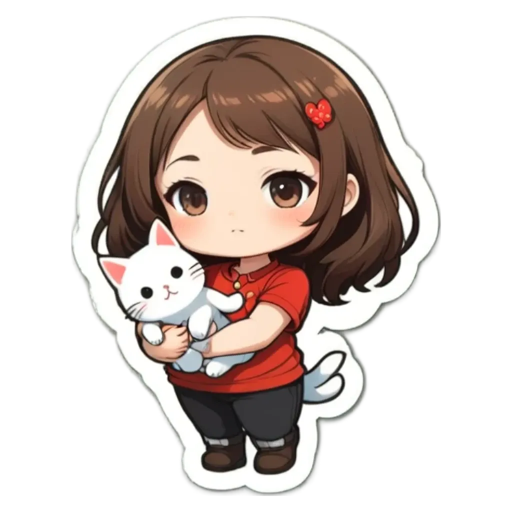 A girl holding a cat in a cartoon style sticker.