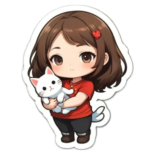 A girl holding a cat in a cartoon style sticker.
