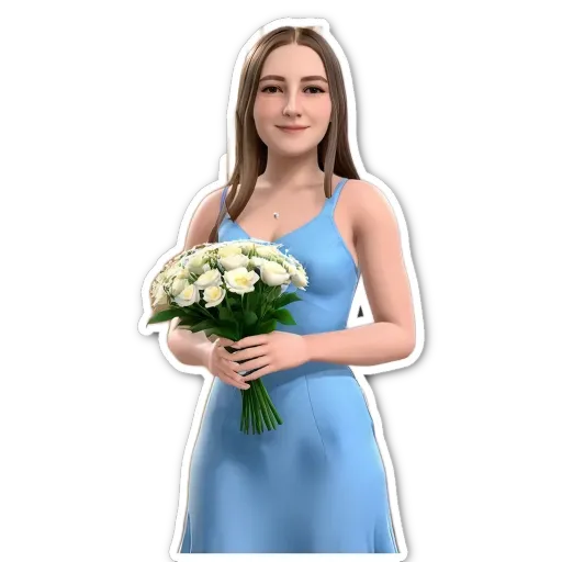 A 3d model of a woman holding a bouquet of white flowers.