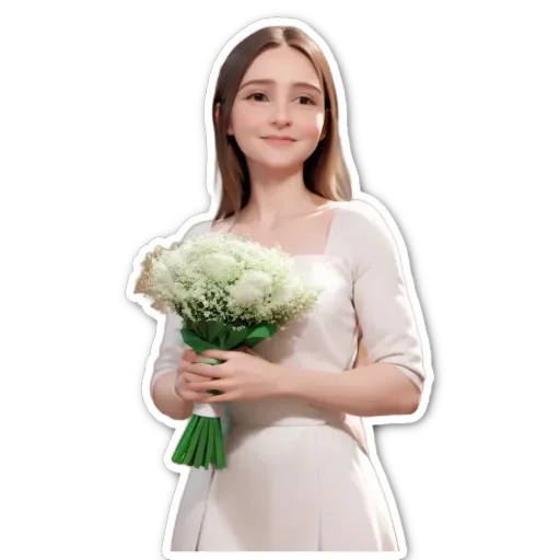 A woman holding a bouquet of white flowers.