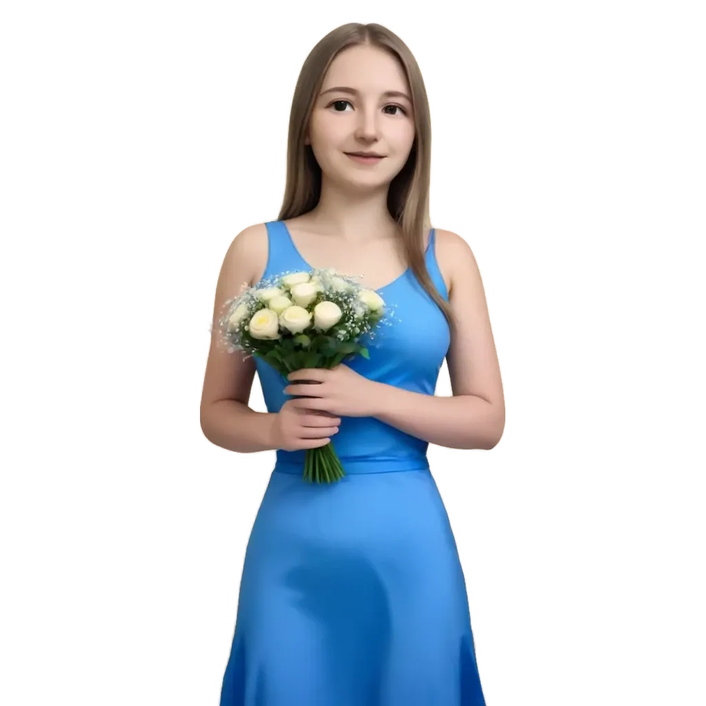 A woman in a blue dress holding a bouquet of white flowers.