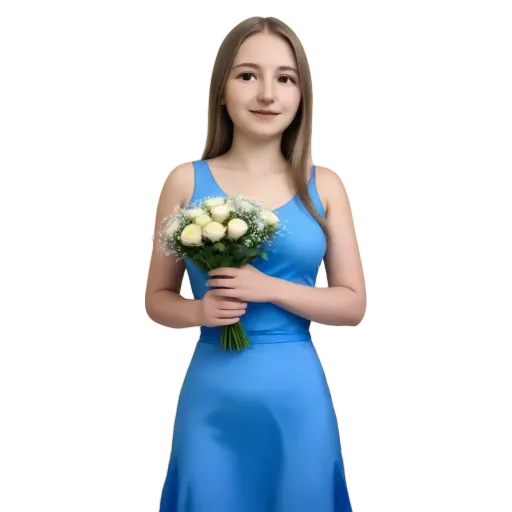 A woman in a blue dress holding a bouquet of white flowers.